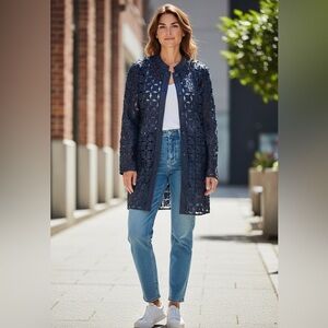 Dakota West Leather Mesh Women’s 3D Daisy Duster Jacket Size L Navy Blue